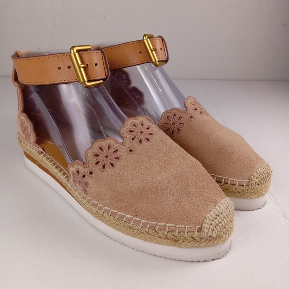 See By Chloe Glyn Espadrille Sandals Womens EU 38 US 7.5 Tan Wedge Suede Leather - Picture 1 of 9